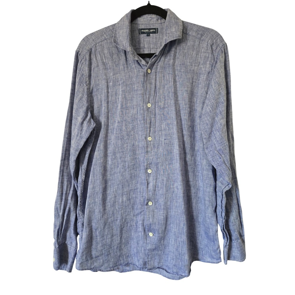 Frescobol Carioca Mens L Blue 100% Linen Long Sleeve Button Down Shirt Portugal
